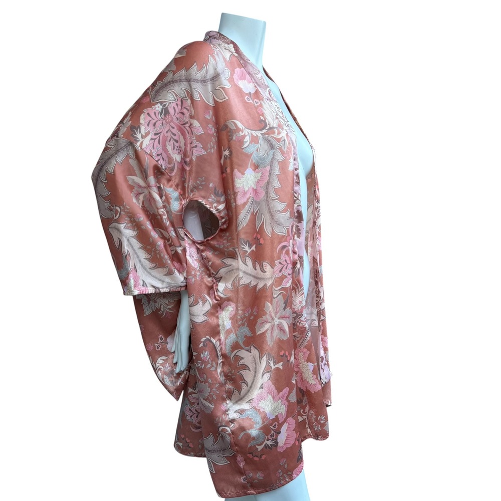P2F Floral Satin Kimono Robe Rose Pink‎ Paisley Boho Coquette Loungewear M/L